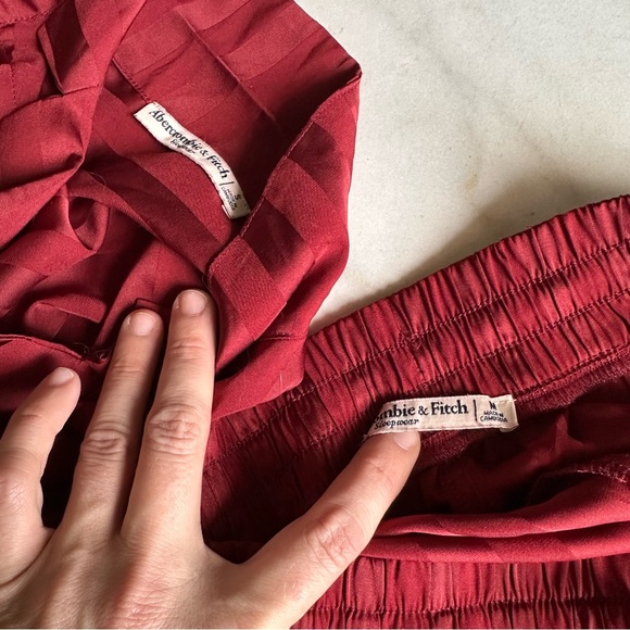 Abercrombie & Fitch Burgundy Red Striped Pajama Set Button Up Top and Pants - Picture 3 of 10